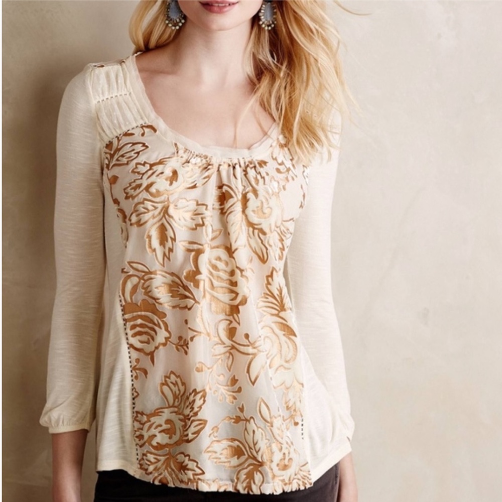 Anthropologie Meadow Rue Mariana Peasant Burnout Velvet Top Cream & Gold Size M